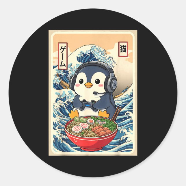 Pegatina Redonda Penguin Kawaii Japanese Ramen Noodle Retro Gaming  (Anverso)