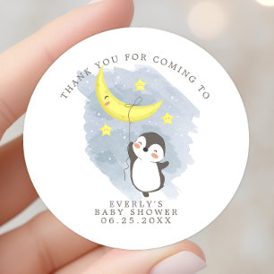 Pegatina Redonda Penguin Moon Acuarela Baby Shower Agradecimiento