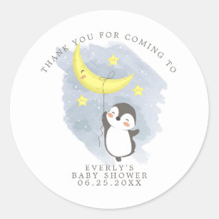 Pegatina Redonda Penguin Moon Watercolor Baby Shower Gracias