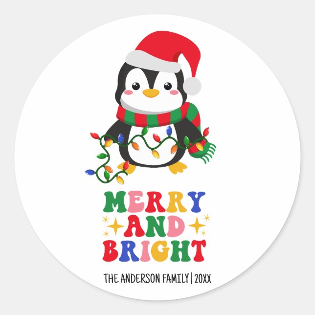 Pegatina Redonda Penguin, Navidades merry y brillantes (Anverso)