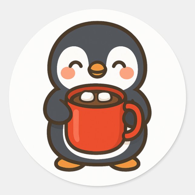 Pegatina Redonda Penguin With Hot Cocoa – Cute Animal Sticker (Anverso)