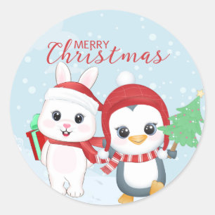Pegatina Redonda Penguin y Bunny navidades