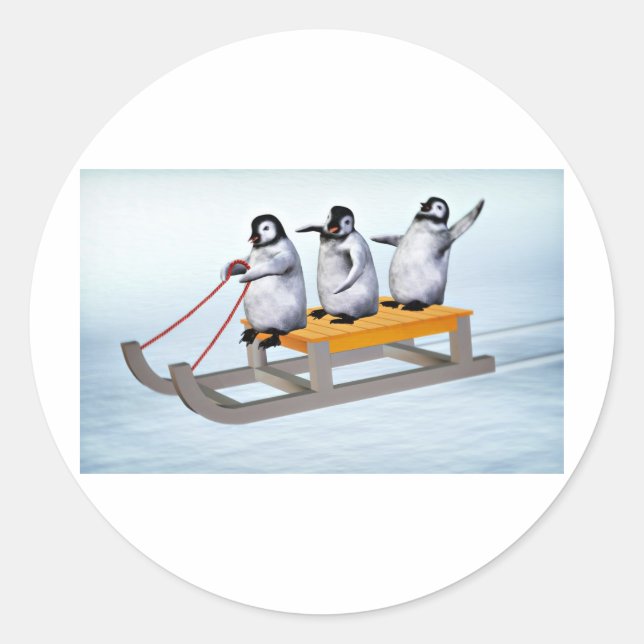 Pegatina Redonda Penguins Sled (Anverso)