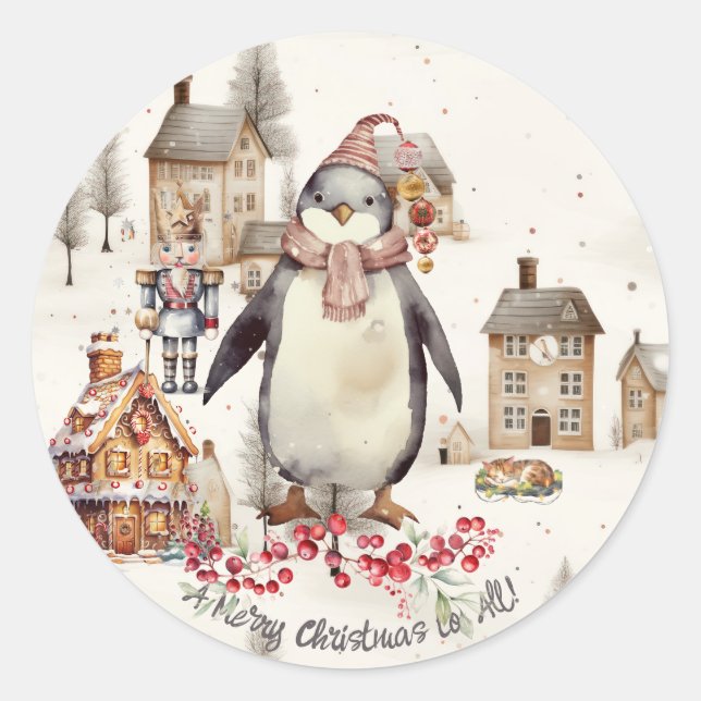 Pegatina Redonda Penquin Ornaments Nutcracker Cat (Anverso)