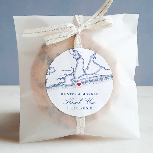 Pegatina Redonda Pensacola Beach Florida Map Navy Wedding Favor (Pensacola Beach Florida Map Navy Blue Wedding Favor Label from Coastal Map Designs)