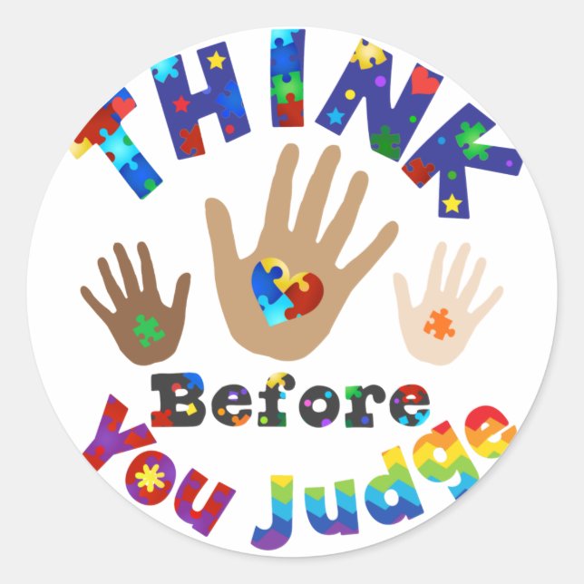 Pegatina Redonda PENSAR Antes De Juzgar (Anverso)