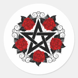 Pegatina Redonda Pentagram con rosas rojas