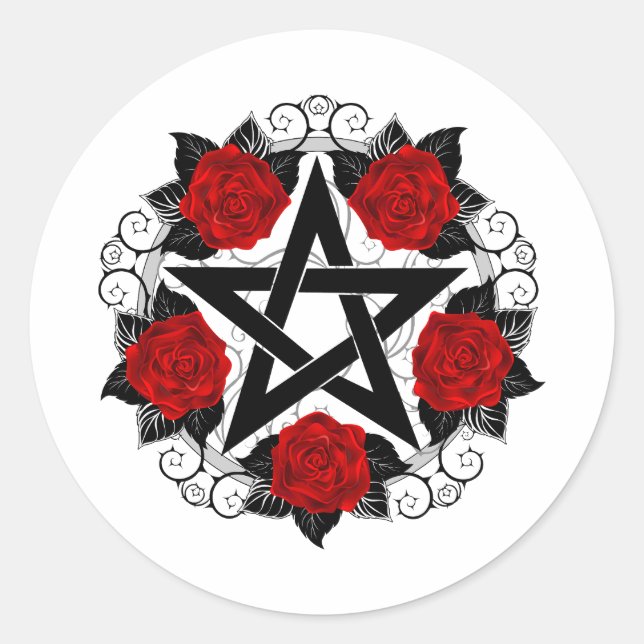 Pegatina Redonda Pentagram con rosas rojas (Anverso)