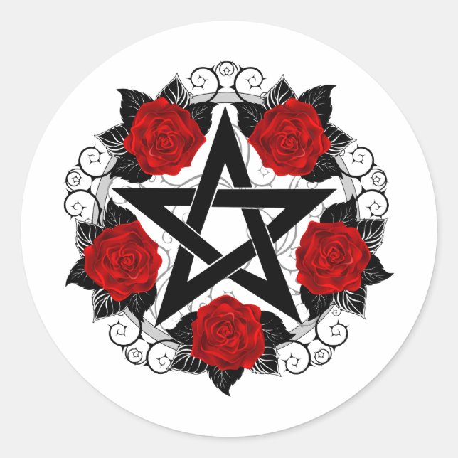 Pegatina Redonda Pentagram con rosas rojas (Anverso)
