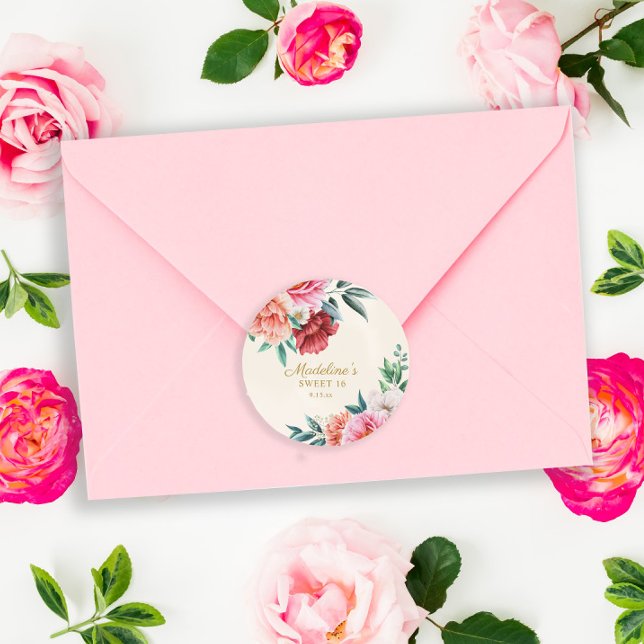 Pegatina Redonda Peonías rosadas Burgundy floral hojas Dulces 16   (Subido por el creador)