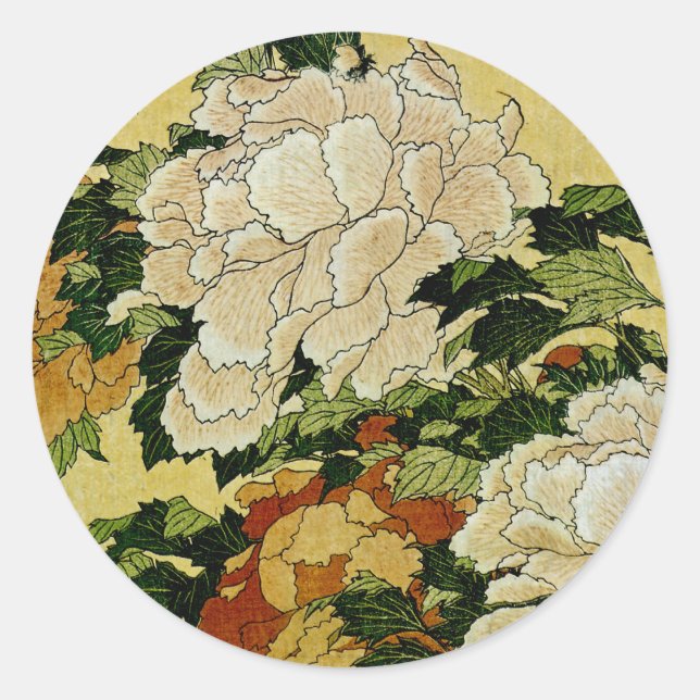 Pegatina Redonda Peonías y mariposa (Anverso)