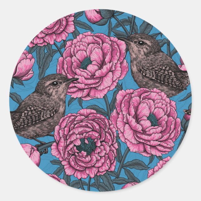 Pegatina Redonda Peonies and wrens on blue (Anverso)