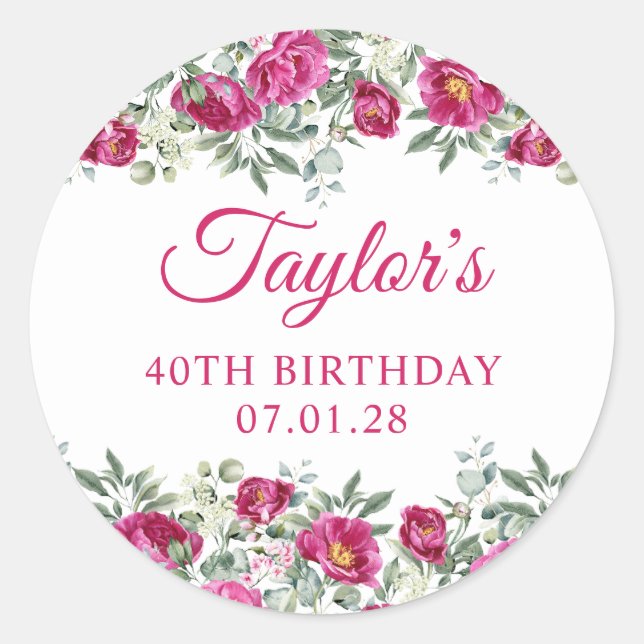 Pegatina Redonda Peonies de acuarela rosa caliente 40 cumpleaños (Anverso)