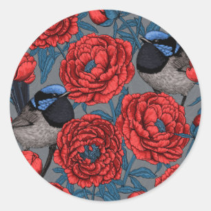 Pegatina Redonda Peonies y wrens