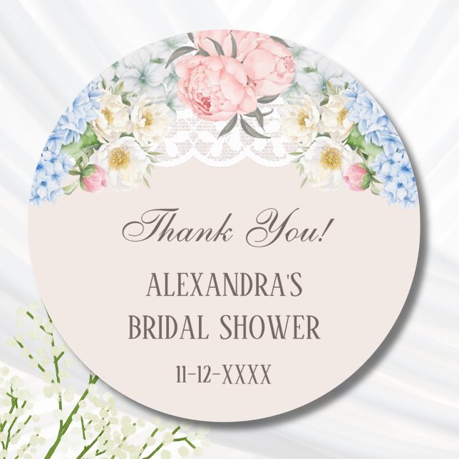 Pegatina Redonda Peony Blue Hydrangea Bridal Shower (Subido por el creador)