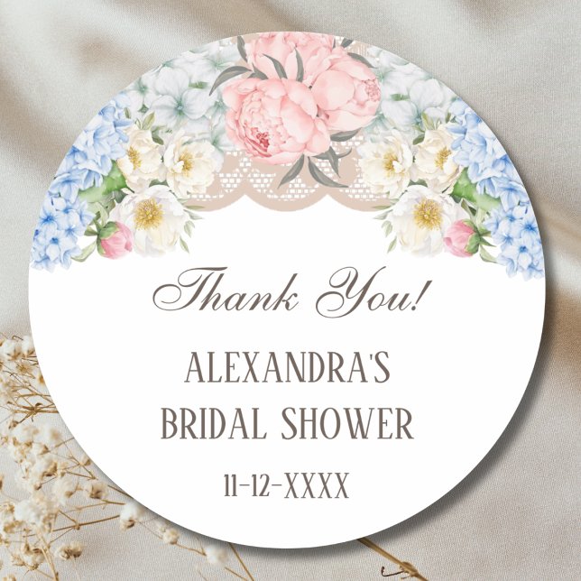 Pegatina Redonda Peony Blue Hydrangea Bridal Shower (Subido por el creador)