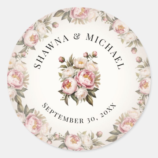 Pegatina Redonda Peony Elegant Pink Floral Watercolor Boda (Anverso)