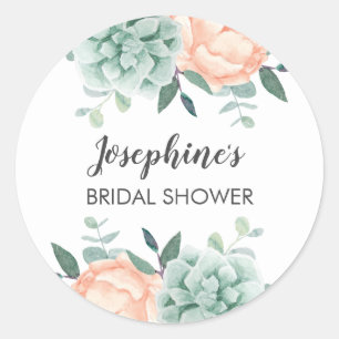 Pegatina Redonda Peony & Succulum Watercolor Bridal Shower
