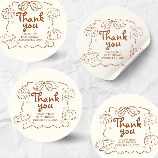 Pegatina Redonda Pequeña Baby Shower de calabaza (Hand Drawn Little Cutie Pie Baby Shower Sticker)