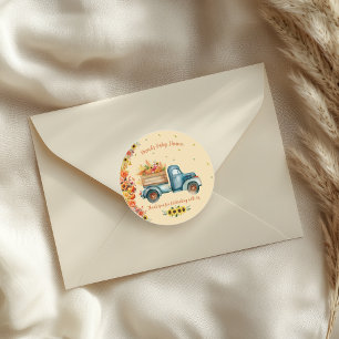 Pegatina Redonda Pequeña Calabaza Acuarela Vintage Camión Floral