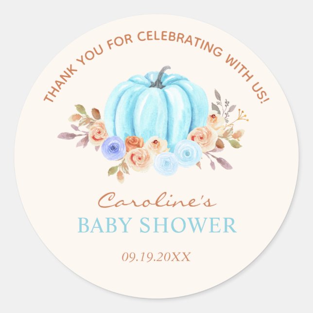Pegatina Redonda Pequeña calabaza Baby Shower Blue Boy (Anverso)