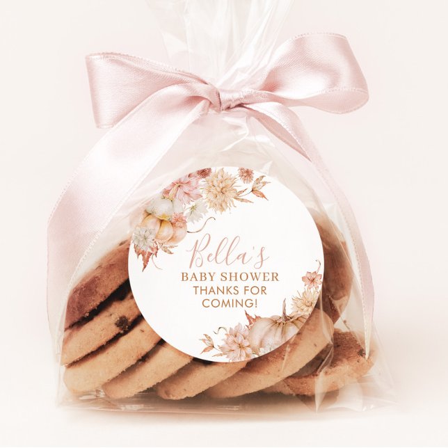 Pegatina Redonda Pequeña Calabaza Baby Shower Caer Favor Floral Ros (Fall Pumpkin Baby Shower Favor Stickers)