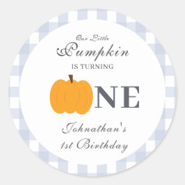 Pegatina Redonda Pequeña Calabaza Caída Pastel Azul Primer Cumpleañ