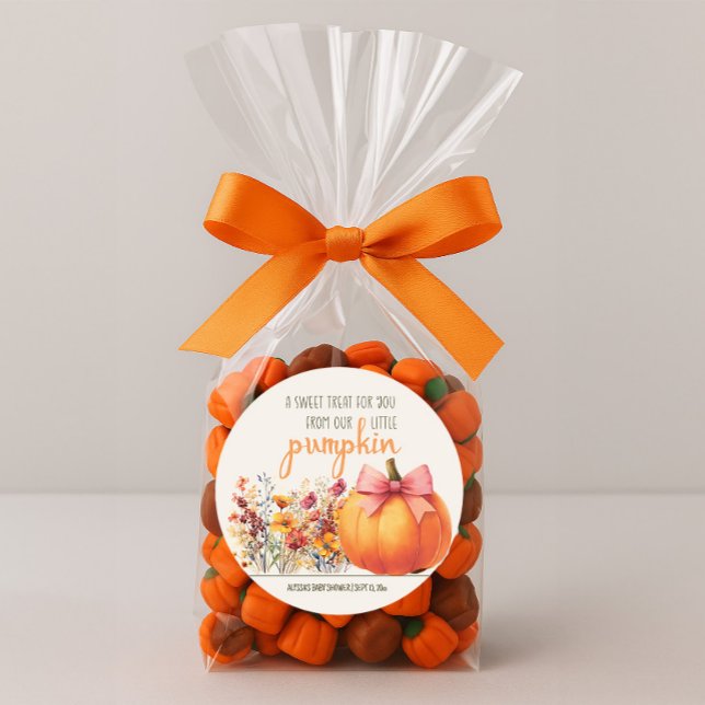 Pegatina Redonda Pequeña calabaza dulce tratar Baby Shower (Little Pumpkin baby shower Sweet Treat sticker)