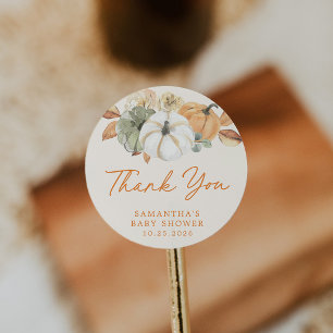 Pegatina Redonda Pequeña Calabaza Floral Baby Shower Gracias Por Fa