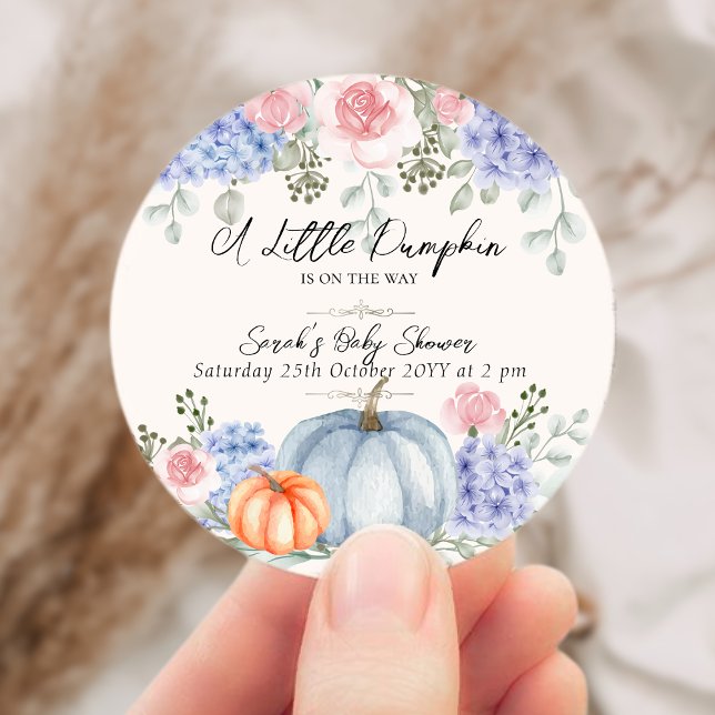 Pegatina Redonda Pequeña Calabaza Floral Halloween Cae Baby Shower (Little Floral Pumpkin Halloween Fall Baby Shower Classic Round Sticker)
