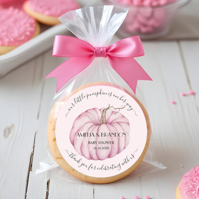 Pegatina Redonda Pequeña Calabaza Rosa Baby Shower Gracias (Pink pumpkin baby shower thank you 3 inch round stickers)