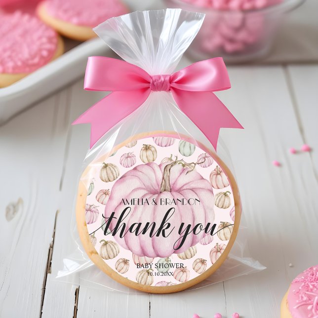 Pegatina Redonda Pequeña Calabaza Rosa Baby Shower Gracias (Pink pumpkin baby shower thank you 3 inch round stickers)