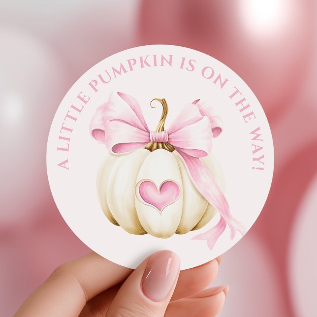 Pegatina Redonda Pequeña Calabaza Rosa Bow Baby Shower (Subido por el creador)