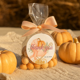 Pegatina Redonda Pequeña Calabaza Rosa Bow Gracias Baby Shower
