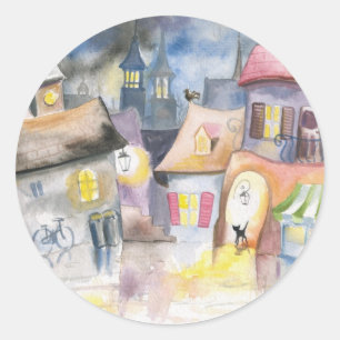 Pegatina Redonda Pequeña ciudad en la noche