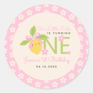 Pegatina Redonda Pequeña Cumpleañera Fruta de Limón Rosa Fiesta de