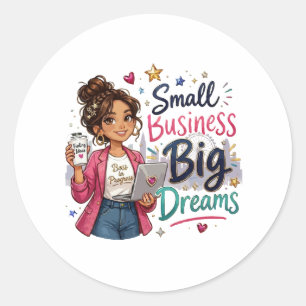 Pegatina Redonda Pequeña Empresa Grandes Sueños Chica Emprendedora