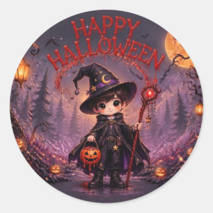 Pegatina Redonda Pequeña fiesta de Halloween de niños mago