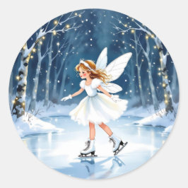 Pegatina Redonda Pequeña Hada Patinaje sobre Hielo Navidad