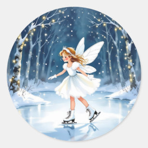 Pegatina Redonda Pequeña Hada Patinaje sobre Hielo Navidad