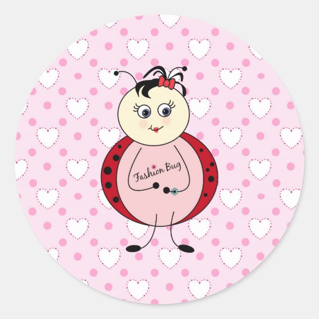 Pegatina Redonda Pequeña Ladybug Rosa De Moda Con Corazón (Anverso)