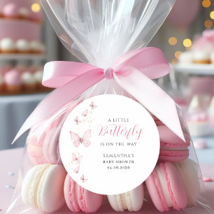 Pegatina Redonda Pequeña mariposa Chica rosa color de agua Baby Sho