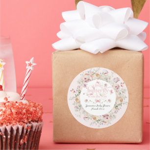 Pegatina Redonda Pequeña mariposa Rubor Chica floral rosa Baby Show