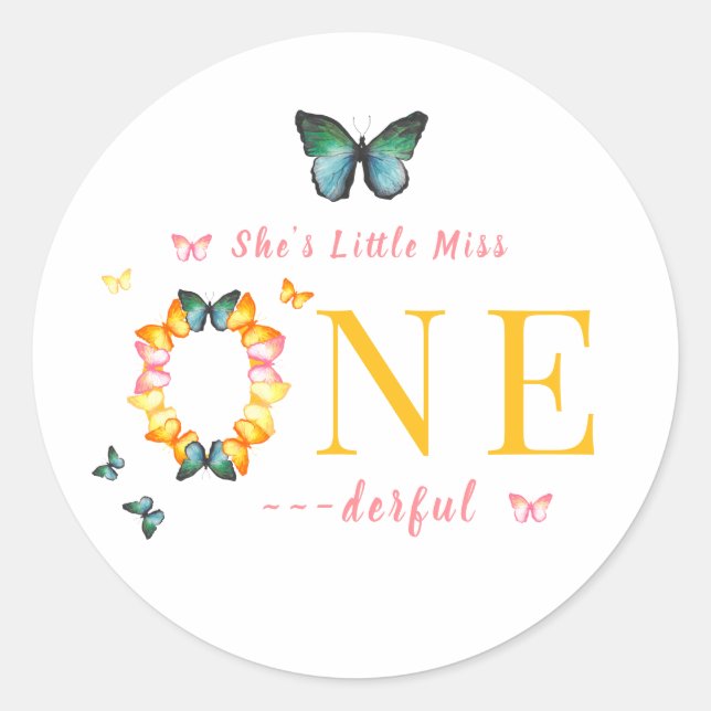 Pegatina Redonda Pequeña Miss Maravillosa Mariposa Boho 1er cumplea (Anverso)