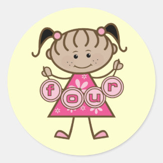 Pegatina Redonda Pequeña Niña 4 camisetas de cumpleaños y regalos
