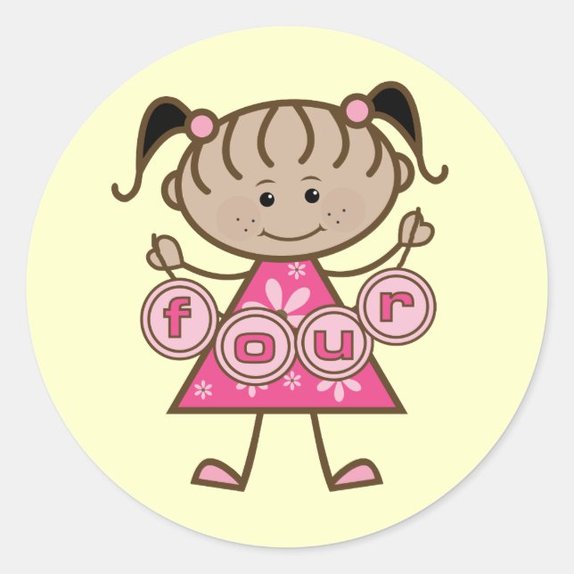 Pegatina Redonda Pequeña Niña 4 camisetas de cumpleaños y regalos (Anverso)