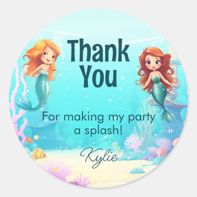 Pegatina Redonda Pequeñas sirenas bajo el cumpleaños del mar (Anverso)