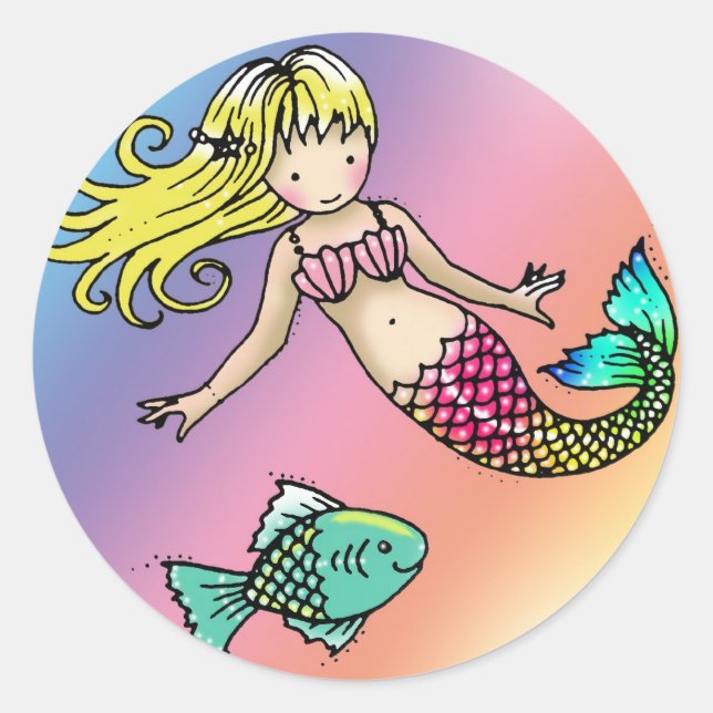 Pegatina Redonda Pequeñas sirenas y Pegatinas de pescado (Anverso)