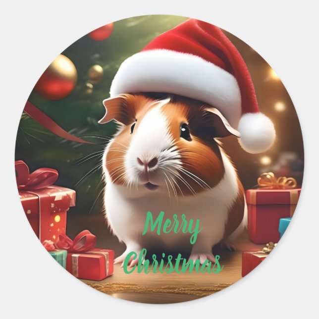 Pegatina Redonda "Pequeño ayudante de Santa Claus: El cerdo guinean (Anverso)