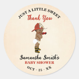 Pegatina Redonda Pequeño bombero rojo Baby Shower gracias